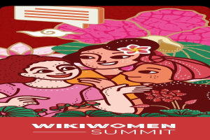 Plakat für den Wikiwomen Summit 2019 mit drei Frauen in der Mitte umgeben von Blumen und Blättern mit dem Text "Wikiwomen Summit 2019" unten.