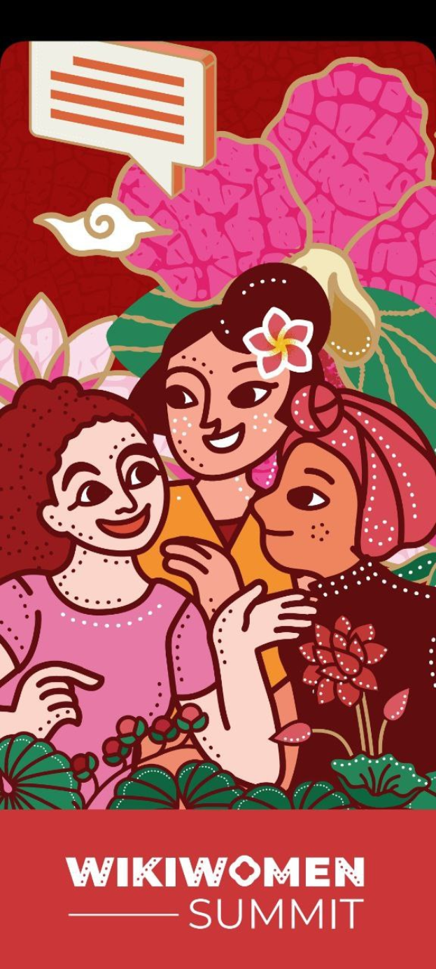 Plakat für den Wikiwomen Summit 2019 mit drei Frauen in der Mitte umgeben von Blumen und Blättern mit dem Text "Wikiwomen Summit 2019" unten.