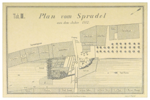 Ein Plakat mit einem detaillierten Plan von Spruidel, Deutschland, mit begleitendem Text, der zusätzliche Informationen über die Stadt enthält.