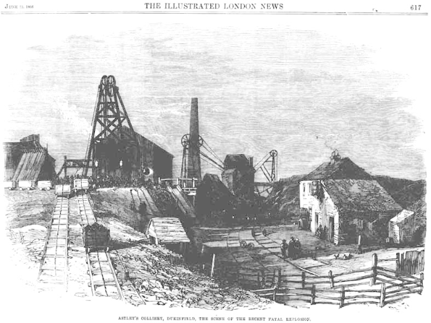 Eine Schwarzweiß-Radierung von Ashley's Colliery in Derbyshire, England, zeigt einen Kohlebergbau mit Häusern, Bahnschienen, Menschen und einem Zaun im Vordergrund sowie den Himmel im Hintergrund, mit Text oben und unten, der eine tödliche Explosion erwähnt.