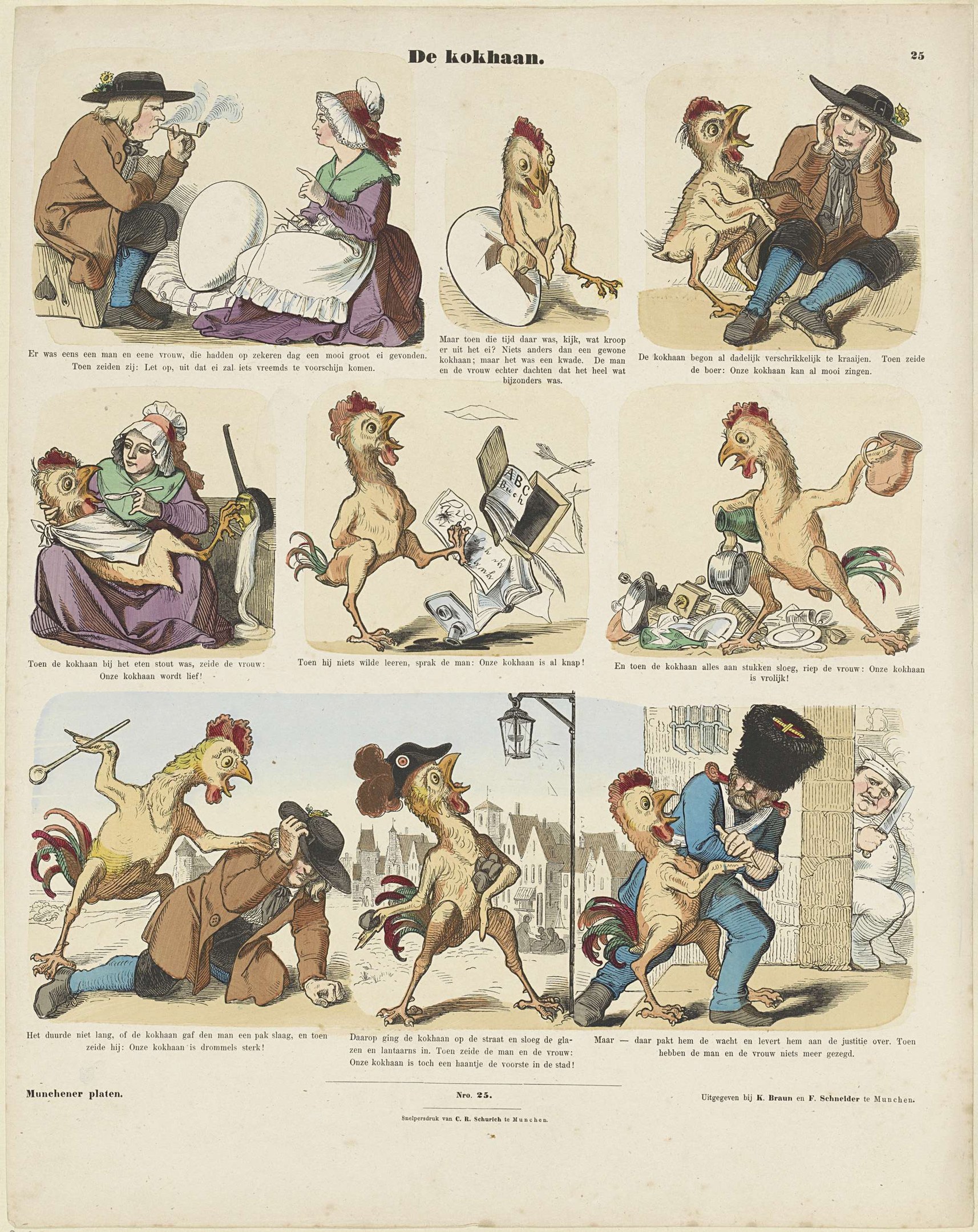 Cartoon-Illustration eines Mannes in Hut und Mantel und einer Frau in Schürze und Kleid, der mit Hühner spielt, umgeben von bunten Tierillustrationen auf einer Buchseite.