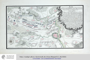 Eine detaillierte Karte der Schlacht von Darmstadt mit beschrifteten Städten und Schlachtorten sowie einem Schild-Logo mit einem Löwen unten.