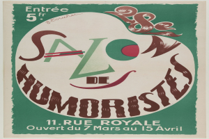 Plakat, das eine Humor-Salon-Veranstaltung in Paris, Frankreich, ankündigt und Text, der seine Angebote beschreibt.