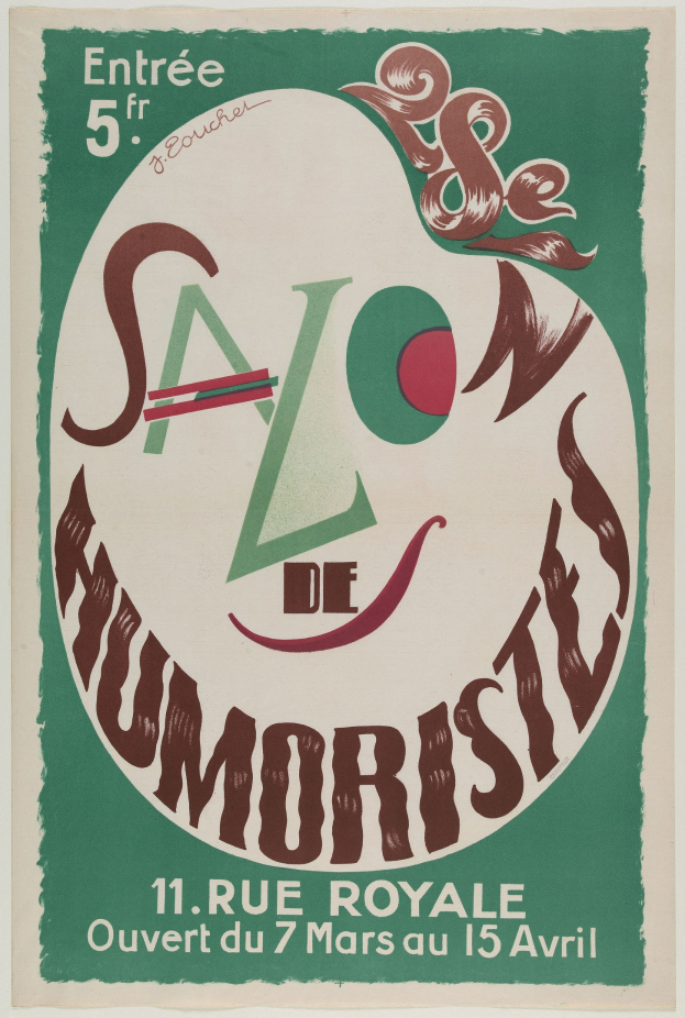 Plakat, das eine Humor-Salon-Veranstaltung in Paris, Frankreich, ankündigt und Text, der seine Angebote beschreibt.