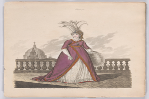 Frau in einem purpurfarbenen und weißen Federkleid, die an einem Geländer steht, mit einem Gebäude und Wolken im Hintergrund, beschriftet mit 'Fashion of New York, New York Street, 1790.'