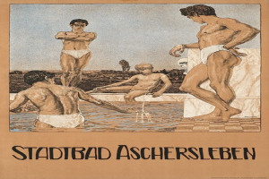 Ein Plakat, das ein Schwimmbad in Aschersleben, Deutschland, zeigt, mit Menschen im Wasser und Text über die Annehmlichkeiten des Schwimmbads.