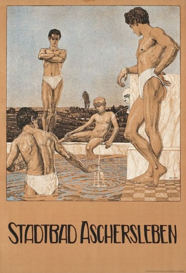 Ein Plakat, das ein Schwimmbad in Aschersleben, Deutschland, zeigt, mit Menschen im Wasser und Text über die Annehmlichkeiten des Schwimmbads.