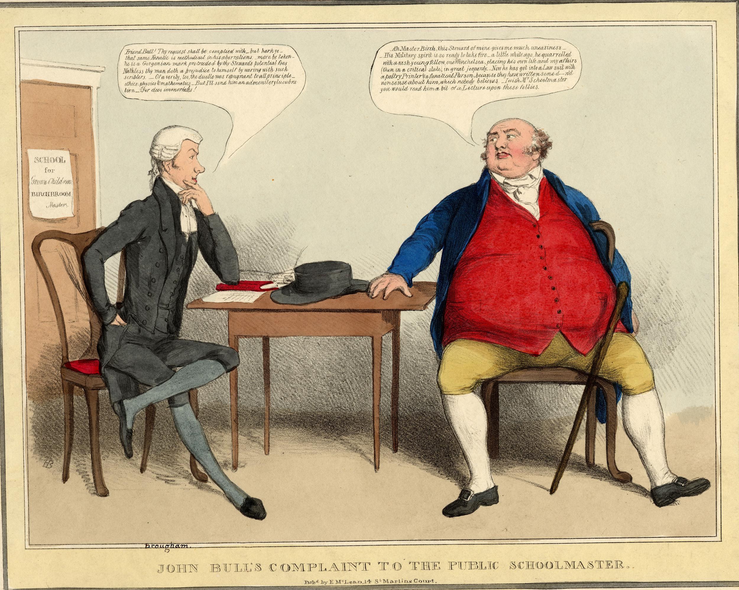 John Bull, eine personifizierte Figur, sitzt einem sitzenden Schuldirektor gegenüber an einem Tisch mit einem Hut und Papieren, gestikulierend in Klage; im Hintergrund sind eine Tür und ein Papier an der Wand zu sehen.
