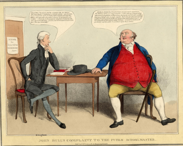 John Bull, eine personifizierte Figur, sitzt einem sitzenden Schuldirektor gegenüber an einem Tisch mit einem Hut und Papieren, gestikulierend in Klage; im Hintergrund sind eine Tür und ein Papier an der Wand zu sehen.