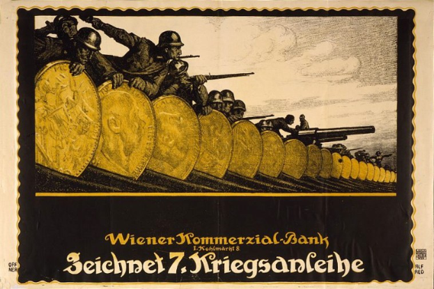 Deutsches Propagandaplakat aus dem Zweiten Weltkrieg, das Soldaten in Helmen mit Waffen zeigt, mit dem Text "Wiener Kommerzialbank" unten.