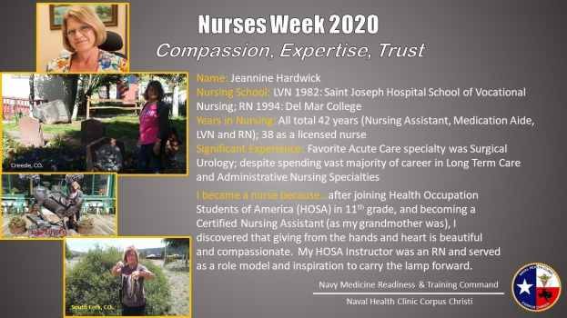 Plakat zur Nurses Week 2020 mit dem Thema "Mitgefühl, Expertise, Vertrauen", das mehrere Nurse-Motive und eine fett gedruckte, blaue und weiße Schrift enthält.