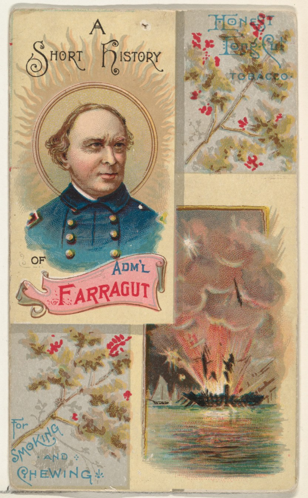 Schwarze und weiße Postkarte betitelt "Eine kurze Geschichte von Adm. Farragut" mit einem Mann in Militäruniform umgeben von Bildern von Bäumen, Wasser und Feuer.