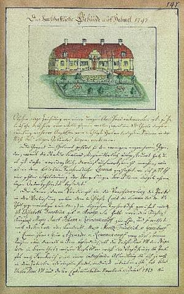 Ein vergilbtes historisches Dokument aus dem Jahr 1797 mit einer detaillierten Zeichnung eines weißen Hauses mit rotem Dach, signiert von der Schleswig-Holstein-Schule Delmar in Deutschland, mit handgeschriebener Text darunter.