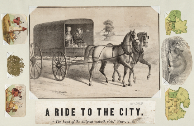 Pferdewagen mit zwei Passagieren, umgeben von Bäumen, mit Text "eine Fahrt in die Stadt" unten.