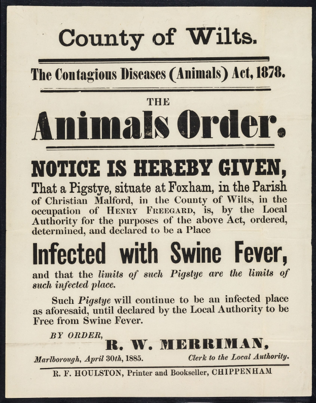 Plakat mit der Aufschrift "Der Landkreis Wilts, das Tierseuchengesetz von 1878" Ankündigung einer Mitteilung über Schweinepest.