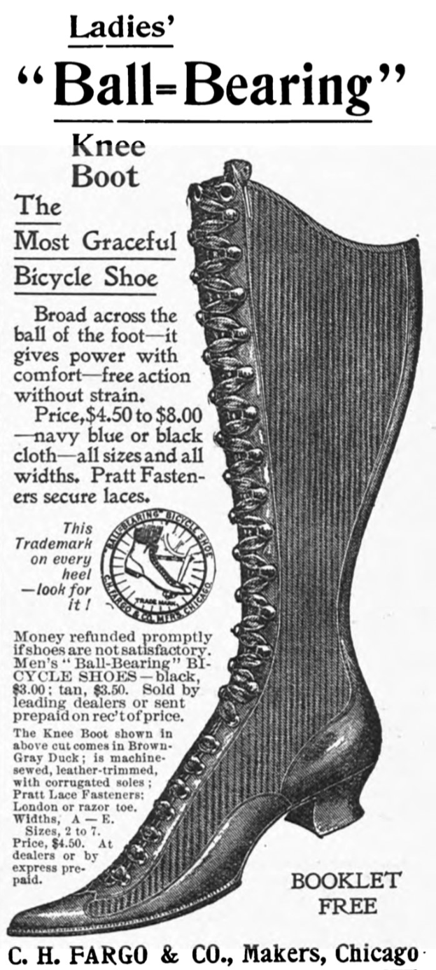 Anzeige für ein Paar Damen-Knie-Stiefel mit Kugellager, mit einem zentralen Bild des Stiefels und umgebendem Text.