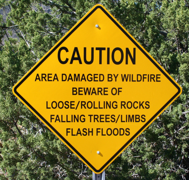 Gelbes Warnschild an einem Pfahl in der Vordergrund, das vor Waldbrandschäden, lockeren Steinen, umstürzenden Bäumen und Überschwemmungen warnt.