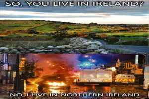 Oberes Bild: eine Landschaft mit Gras, Bergen und Grünfläche. Unteres Bild: Fahrzeuge auf einer Straße mit Feuer.