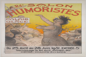 Plakat für den Salon des Humoristes in Paris mit einem Frauengesicht inmitten einer Menge und Textebene
