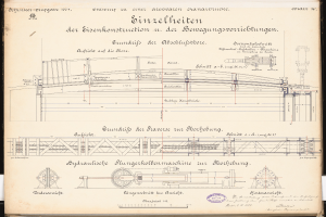 Ein altes Buch mit einer detaillierten Zeichnung eines Zuges, einschließlich Motor, Getriebe und anderen Komponenten, mit begleitendem Text, der weitere Informationen bereitstellt.