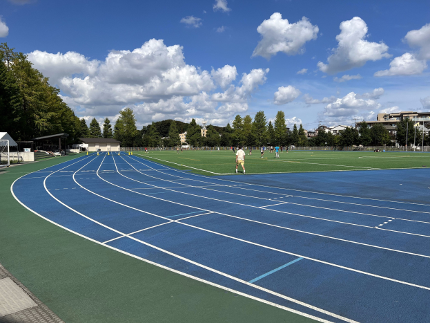 Eine Laufbahn mit laufenden Menschen, umgeben von grünem Gras und Bäumen, Schuppen und Pfosten auf der linken Seite, unter einem teilweise bewölkten Himmel.