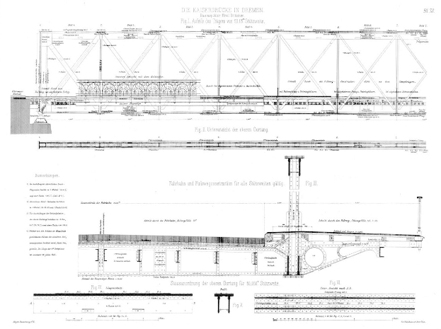 Ein detailliertes Bild einer Brücke mit der Bezeichnung "Kaiserbrücke in Bremen" und begleitendem Text auf demselben Papier.