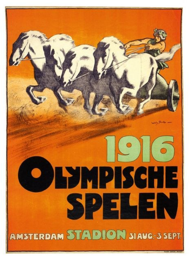 Plakat für die Olympischen Spiele 1916 in Amsterdam mit einer Person in einem von Pferden gezogenen Wagen mit "Olympische Spiele" oben.