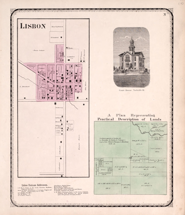 Detailiertes altes Stadtplan von Lissabon, Portugal, mit einem Gebäude im Hintergrund, das Straßen, Gebäude und Sehenswürdigkeiten zeigt, begleitet von Text über die Bevölkerung, Geschichte und Kultur der Stadt.