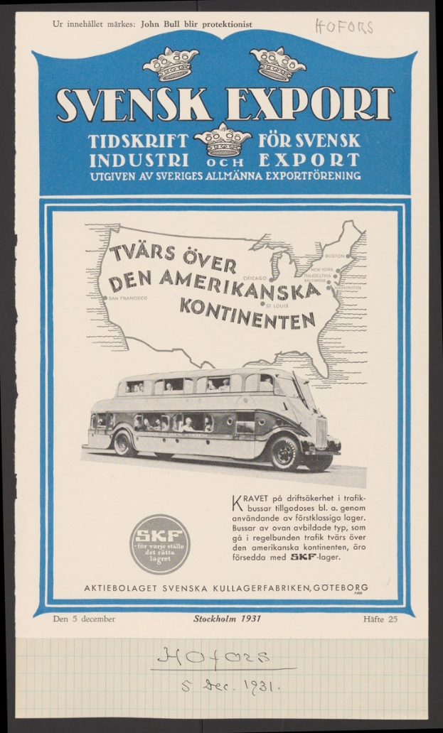 Schwarzer Hintergrundplakat mit einer Bushaltestelle in der Mitte und Text, der "Svensk Export for Sweden" umgibt.