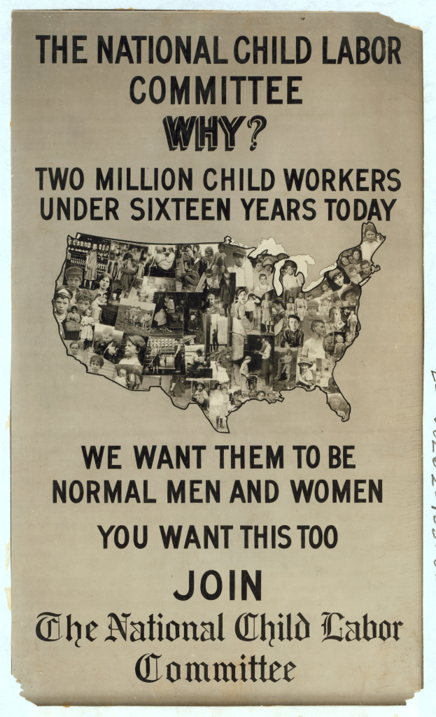 Ein Plakat mit einer Karte der Vereinigten Staaten und Text über das National Child Labor Committee, auf dem mehrere menschliche Gesichter zu sehen sind.