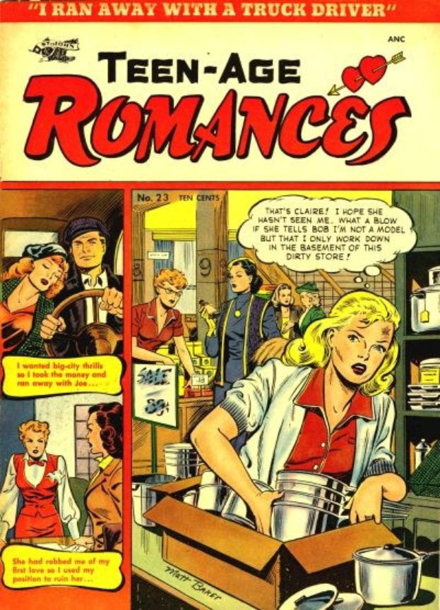 Ein farbenfrohes DC-Comics-Plakat namens 'Teen-Age Romances 23-A', das eine Gruppe von Menschen in einer romantischen Umarmung zeigt.