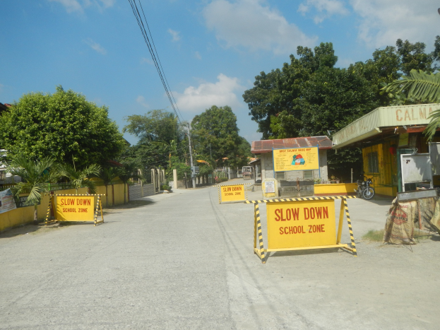 Gelbes "Slow Down School Zone"-Schild auf der linken Seite einer Straße mit parkenden Fahrzeugen auf der rechten Seite, Bäumen, Gebäuden, Strommasten und Drähten im Hintergrund unter einem Himmel.