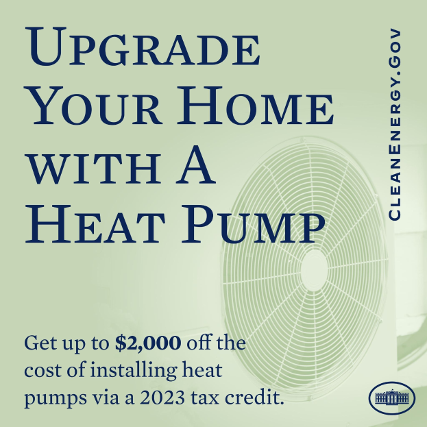 Plakat zur Werbung für den Austausch von Heizungen zu Wärmpumpen, mit einem Bild einer Wärmpumpe und dem Text "Upgrade Your Home with a Heat Pump."