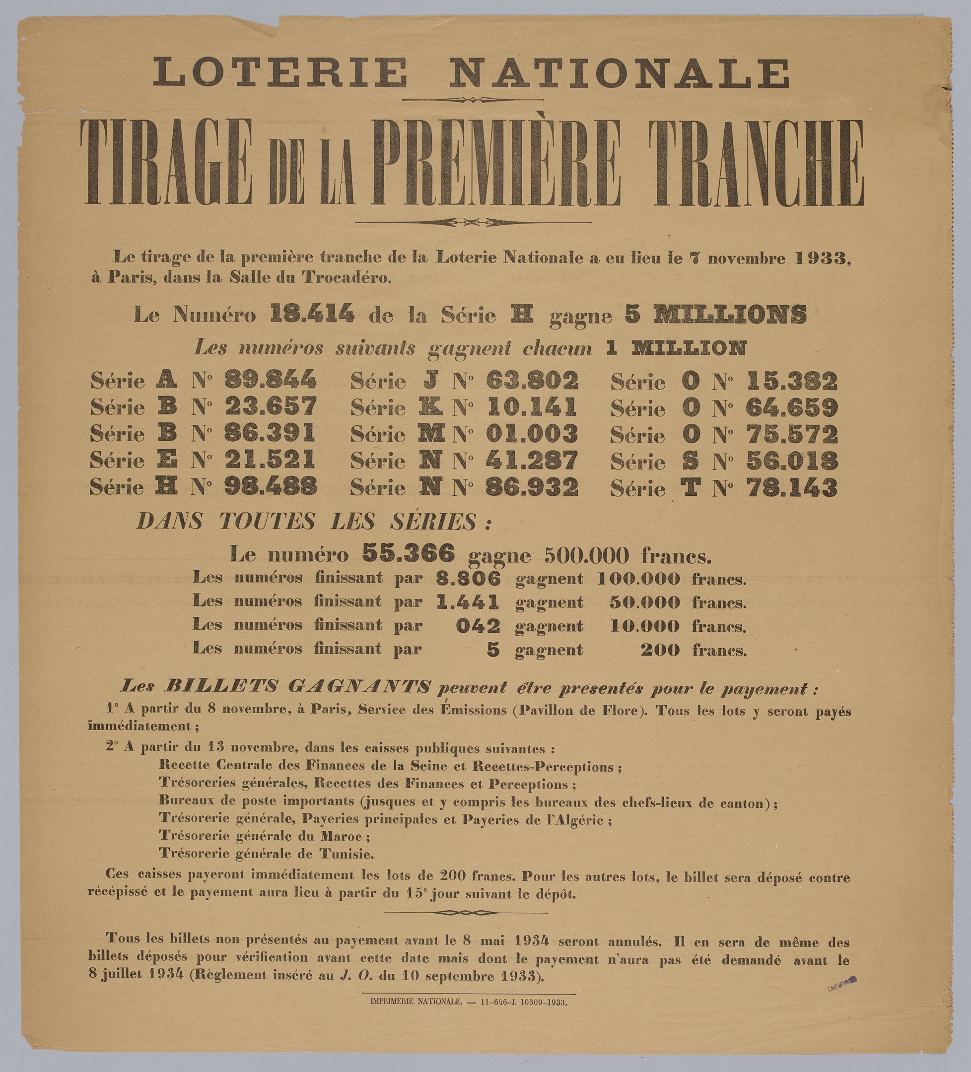 Lotterielos mit der Aufschrift "Loterie Nationale Tirage de la Première Tranche"