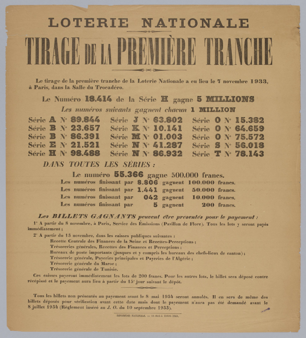 Lotterielos mit der Aufschrift "Loterie Nationale Tirage de la Première Tranche"