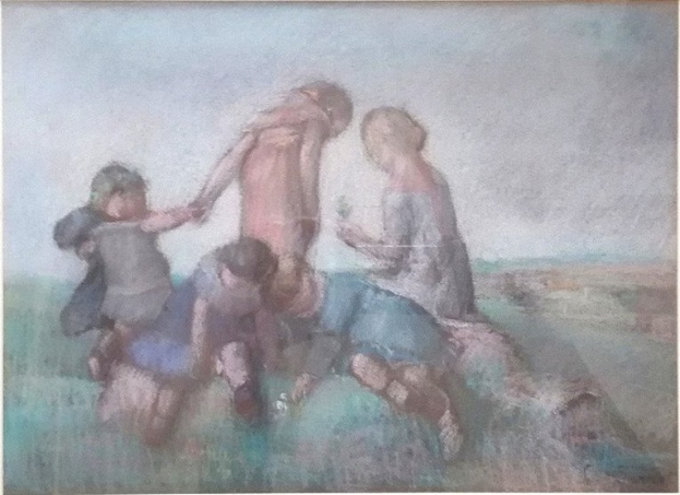 Malerei von Kindern, die in einem hellen, fröhlichen Feld spielen und lachen, in einem Foto Rahmen.