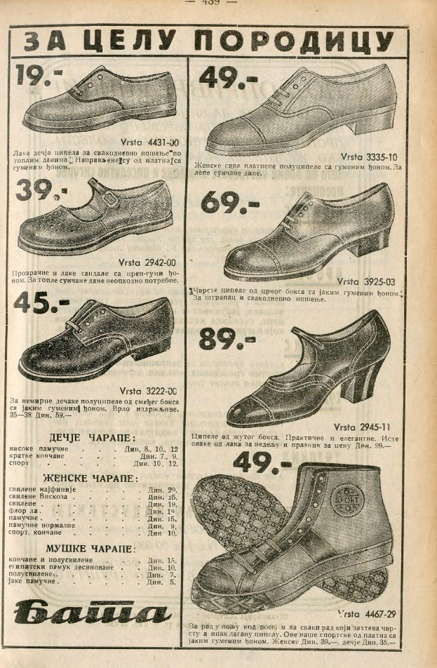 Eine Reihe verschiedener farbiger und gestalteter Schuhe auf einem alten Buch mit sichtbarem Text und Zahlen.