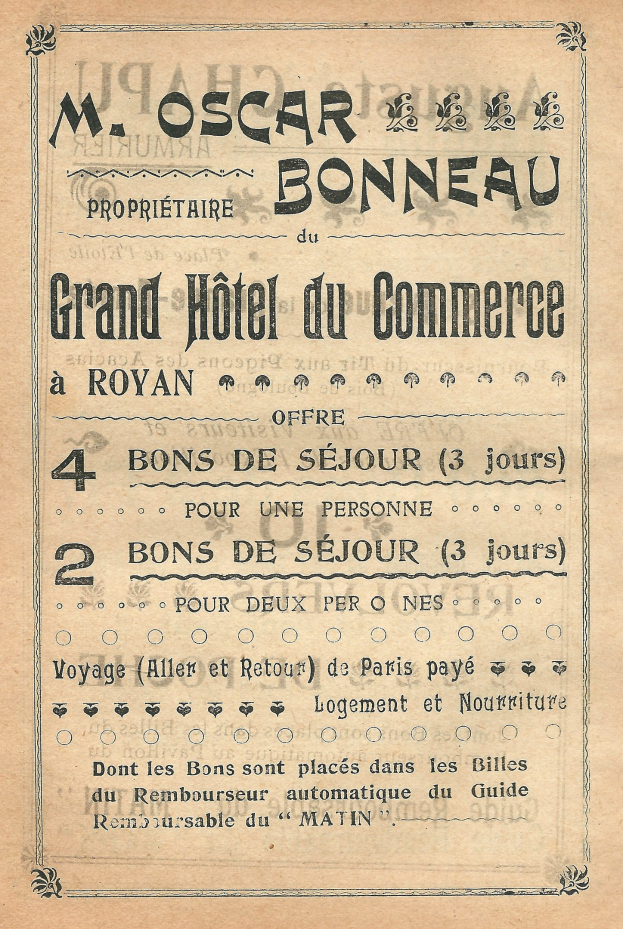 Alte Werbung für das Grand Hotel du Commerce in Paris, Frankreich, auf altem Papier mit Text, der die Hotelangebote bewirbt.