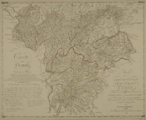 Alte Landkarte von Tirol, Deutschland, zeigt Städte, Ortschaften, geografische Merkmale und textliche Details wie Bevölkerung, Straßen und Sehenswürdigkeiten.