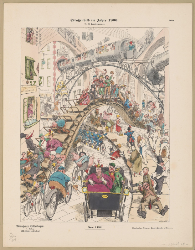 Schwarze und weiße Illustration einer vollen Bahnstation aus dem Jahr 1900, eingerahmt von einem Fotorand, mit Menschen mit besorgten Gesichtern.